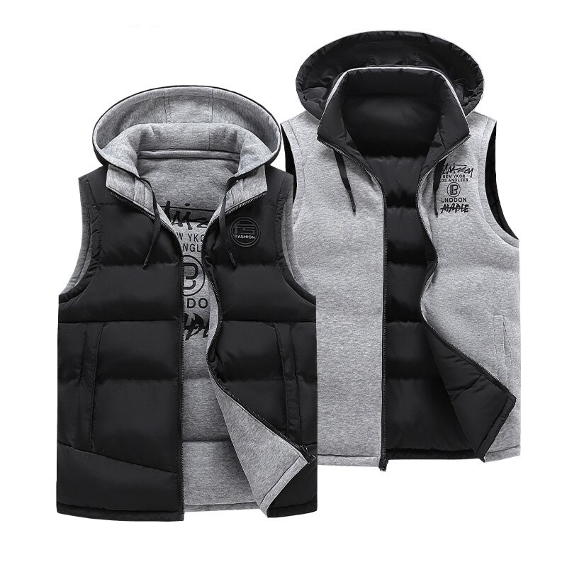 겨울 양면 후드 두꺼운 조끼 아우터 웨어 남성 민소매 따뜻한 재킷, 특대 4XL 조끼 재킷